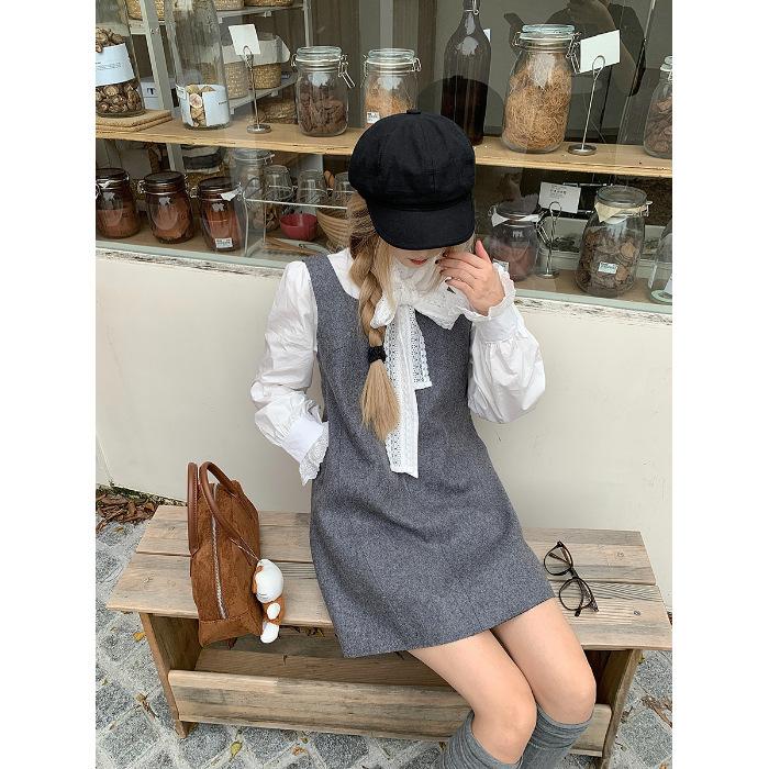 French Bow Lace-up Long-sleeved Shirt Woolen Vest Dress Women's Autumn New Fashion Suit Trendy