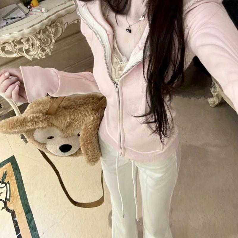 Women's Slim-Fit Pink Hooded Zipper Jacket, Sporty Spring/Autumn Style