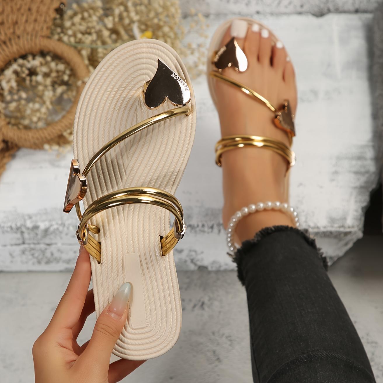 Elegante Sommer Damen Hausschuhe Sandalen Einfarbig mit herzförmiger Verzierung 43 blasses gold