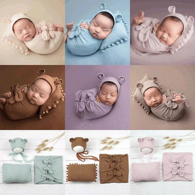 3pcs Newborn Photography Set Bear Hat Pillow Swaddle Wraps Bows Decor Clothing Studio Photo Props for Infant Boys Girls Shooting
