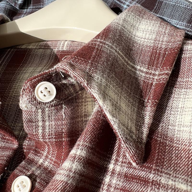 Cămașă de damă retro în carouri periată, stil coreean de toamnă/iarnă, bloc de culoare, cu guler polo larg, top gros casual.