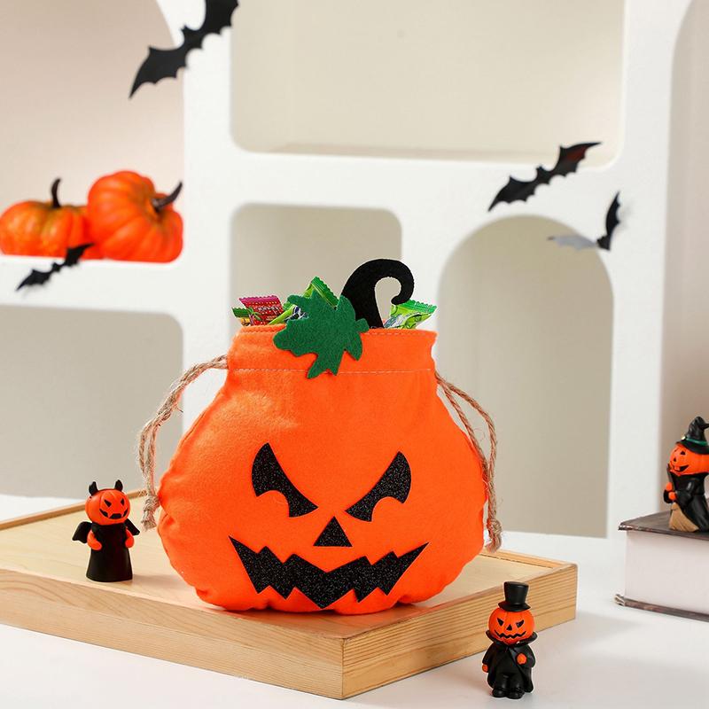 Halloween Felt Treat Bag Handmade Pumpkin Candy Goodie Gift Bag With Drawstring Trick Or Treat Halloween Party Favors Supplies