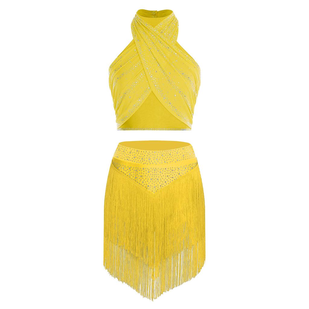 Ținută Dans Chacha Salsa pentru Femei Top Scurt Lucios Fronsat cu Gât Legat Fără Mâneci Spate Decoltat Fustă Stratificată cu Franjuri Pantaloni Scurți Incorporați