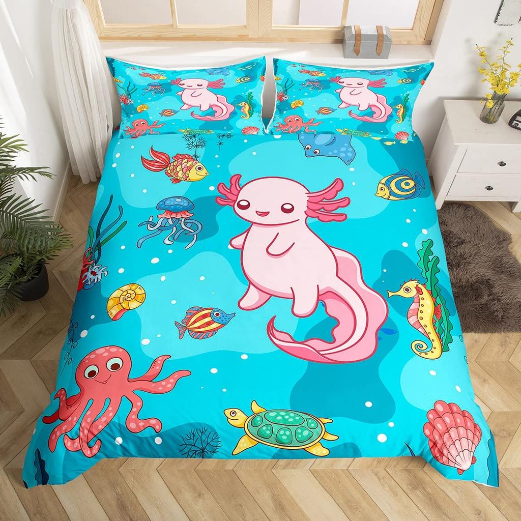 Cartoon Axolotl Duvet Cover Set King/Queen Size Kids Girls Boys Cute Rainbow Sea Wildlife Animal Reptile Bedding Set