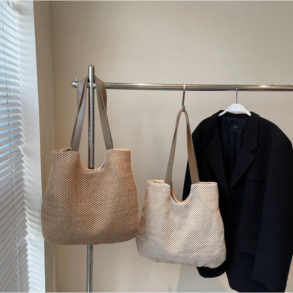 Magnetic Buckle Beach Bag Square Raffia Shoulder Bag Simple Weave Straw Tote Bag  Beach бежевый