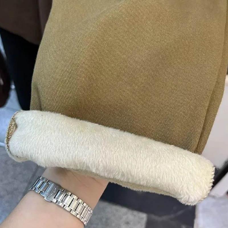 Pants for Women Plus Size Thickened Stretchy Elastic High Waist Long Trousers Solid Colour Fleece Casual Wide Leg Pants