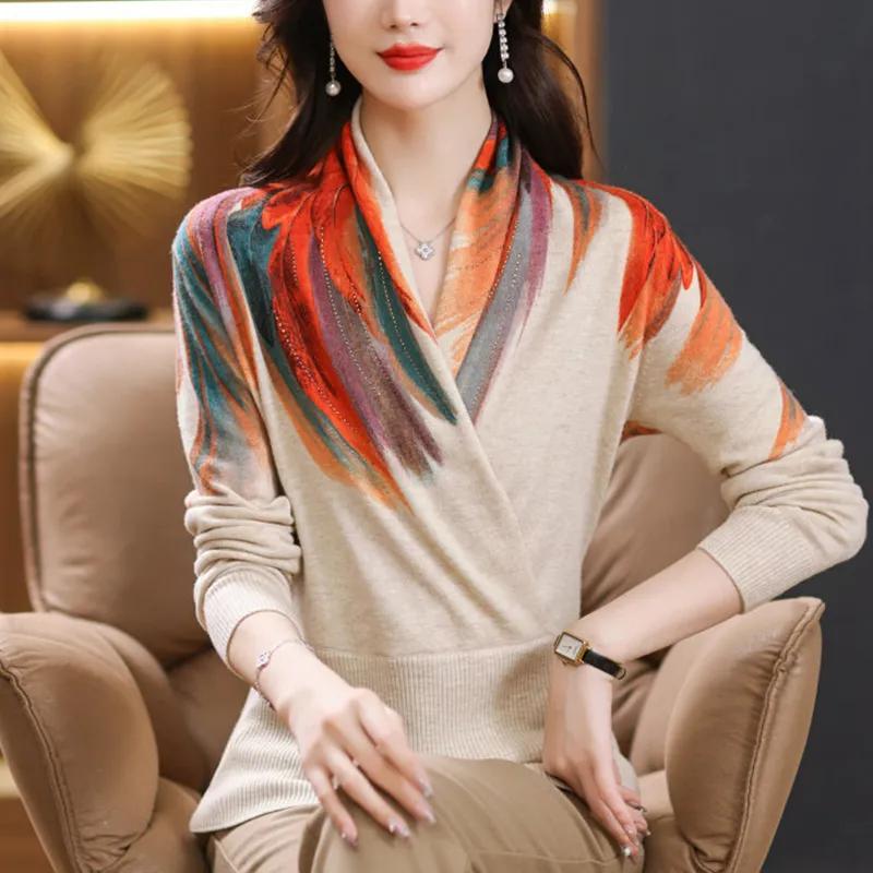 Women Clothing Long Sleeve Pullover Knitwears V Neck Print Sweater Tops Autumn Korean Fashion  Women's Sweaters