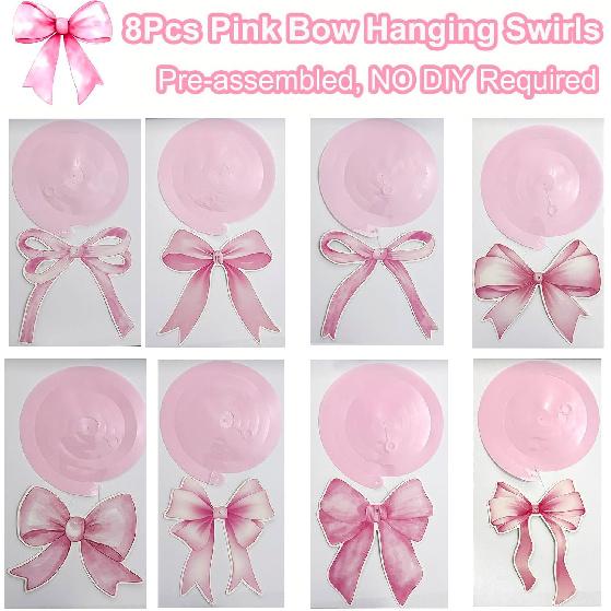 Pink Bow Happy Birthday Banner Garland and Hanging Swirls for Girl Pink Bow Coquette Birthday Party Decorations