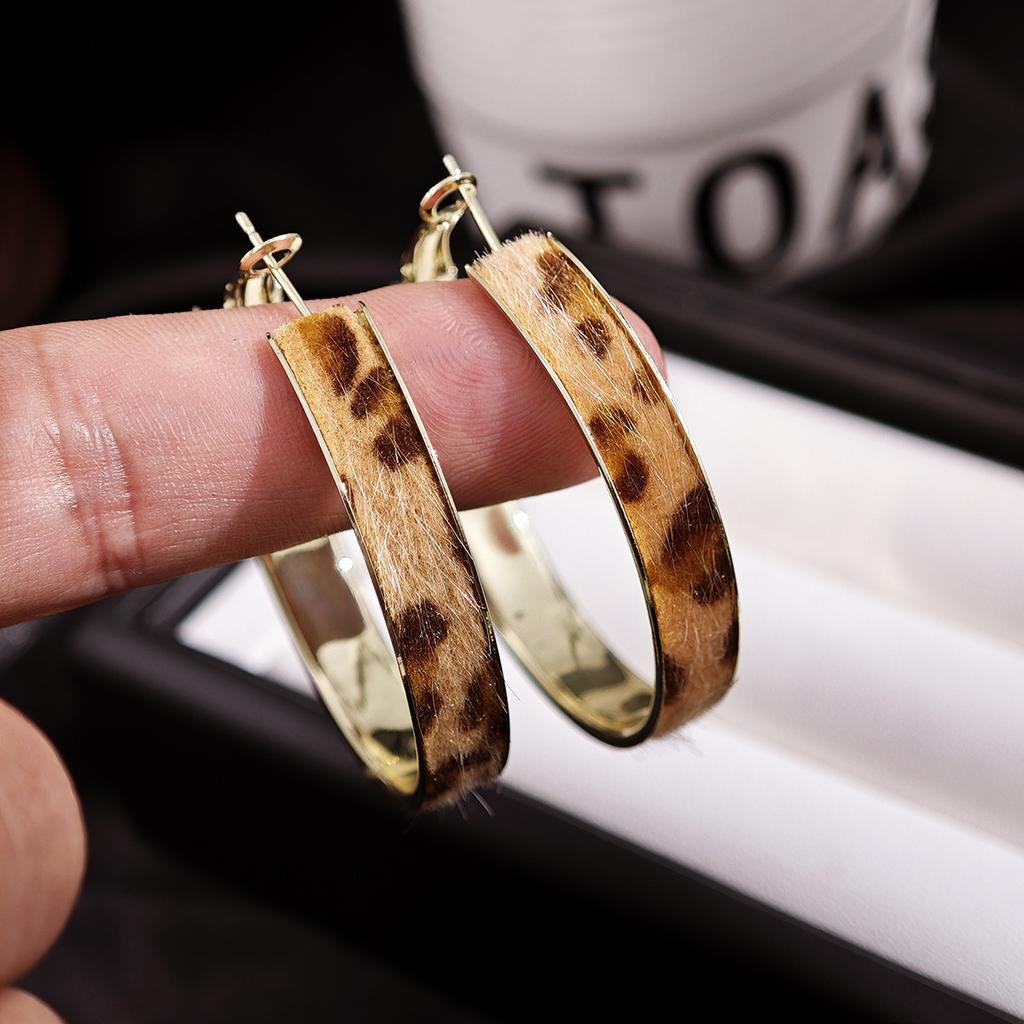 Leopard Print Geometric Round Earrings Autumn And Winter Temperament Stud Earrings Niche High-End Earrings Women