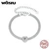 WOSTU 1 CT Sparkling Moissanite Heart Bracelet For Women 925 Silver Lab Diamond Moissanite Star Flat Wide Chain Links
