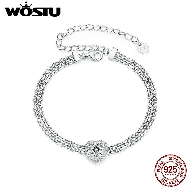 WOSTU 1 CT Sparkling Moissanite Heart Bracelet For Women 925 Silver Lab Diamond moissanite Star Flat wide chain Links