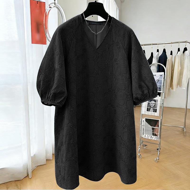 ZANZEA Women Casual V-Neck 3/4 Sleeve Elegant Hollow Lace Embroidery Patchwork Dress M чёрный