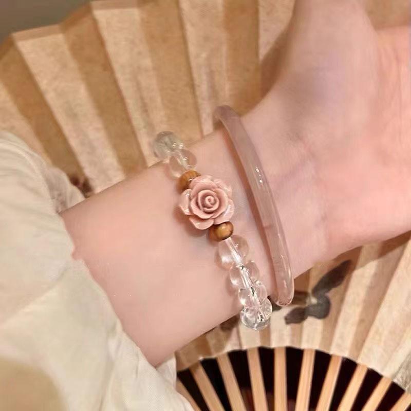 Chinese Elegant New Style Rose Flower Glass Beaded Bracelet For Women Handcrafted Vintage Jewelry Luxury