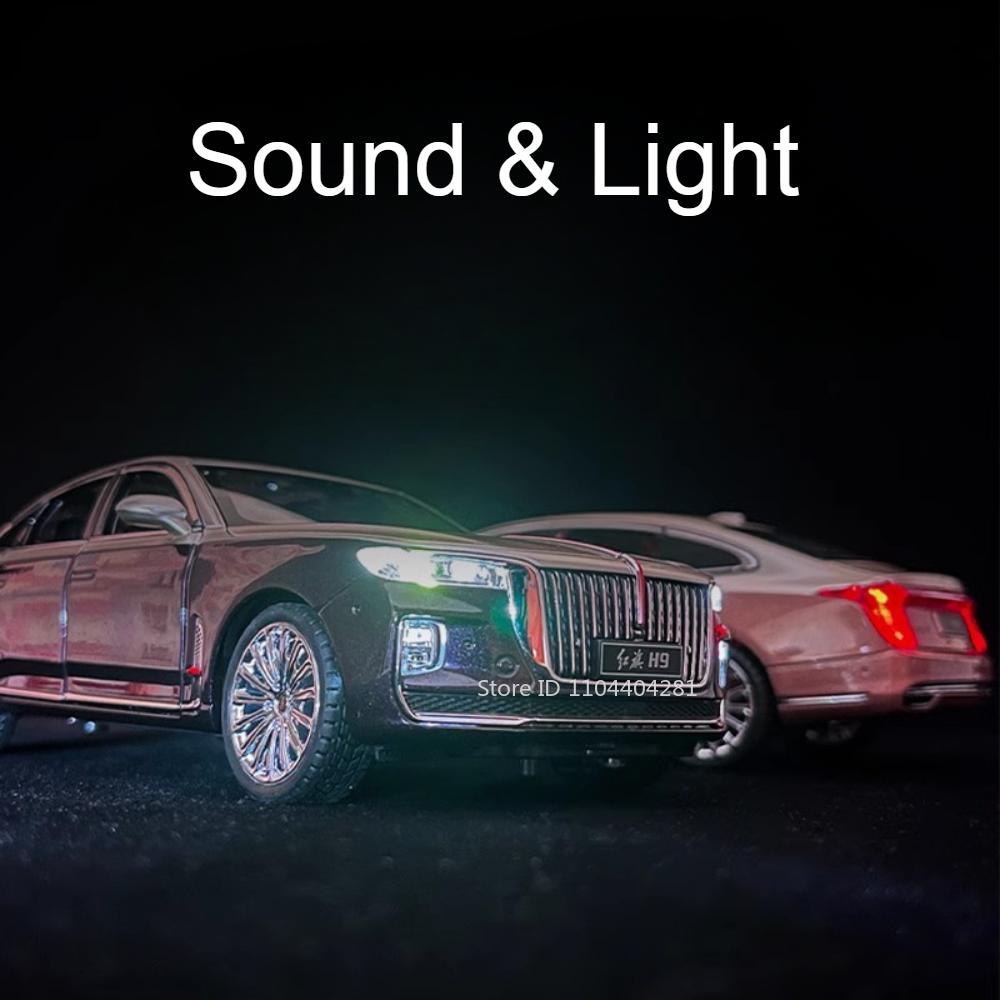 1:24 HONGQI H9 L5 Alloy Model Diecast Car Toy Sound Light Pull Back Door Opened Front Wheel Steering Vehice Collectible Ornament