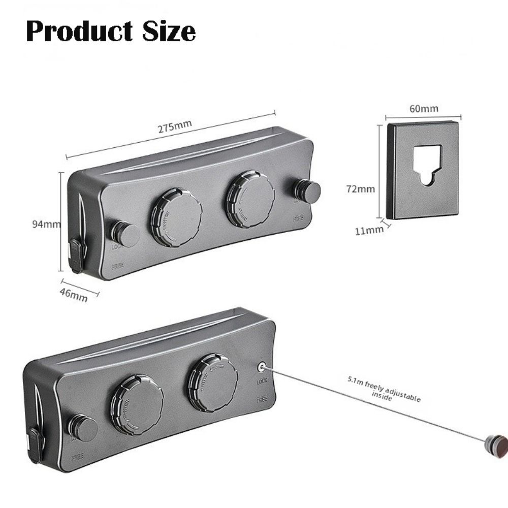 5.1 Meters Length Retractable Clothesline Double Wire Wall-Mounted Heavy Duty Drying Rack Adjustable Stainless Steel Clothesline