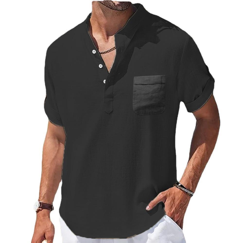 Summer Men's Stand Collar Buckle Half Cardigan Cotton and Linen Short Sleeve Men's T-shirt Simple Short Sleeve Shirt Sports Casual