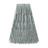 Qooth Women Tassel Splicing Pleated Skirt Elegant Elastic Waist All Match A-line Long Skirt For Spring Summer QT2140