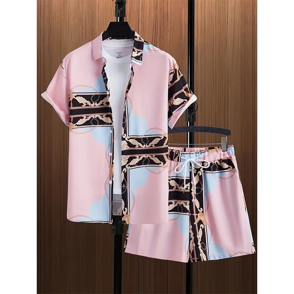 2024 New Men's Beach Wear 2-Piece Quick Drying Hawaiian Shirt and Shorts Set Summer Men's Fashion Striped Print Casual Wear
