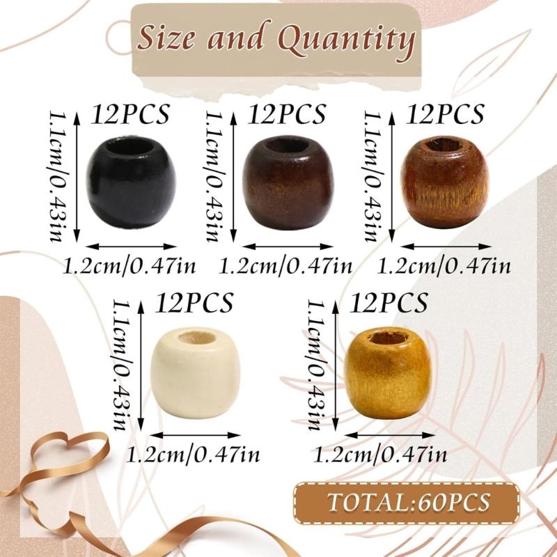 Large Hole Hair Beads for Braids and Dreadlocks, Painted Multicolor Decorations with Natural Wood-Inspired Look