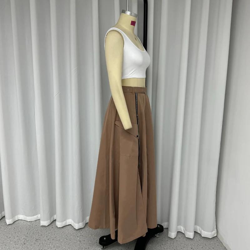 2 Piece Set Women Stylish Solid Round Neck Sleeveless High Waist Vest Slim Top Loose With Pockets Zipper Long Skirt Sets Spring Summer 2024 New