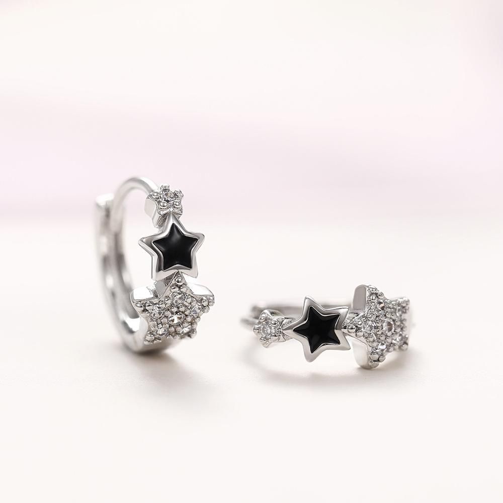 Wind Star Ear Buckle Female, Simple Zircon Epoxy Black Pentagram Earrings Female, Student Jewelry