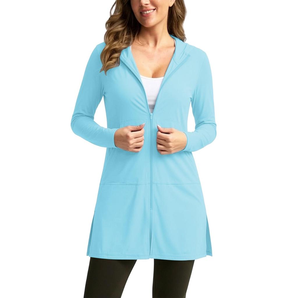 Women Hooded Loose Fit Sun Cardigan Long Sleeve Lightweight Casual Outerwear with Zipper Front Pockets for Daily Wear
