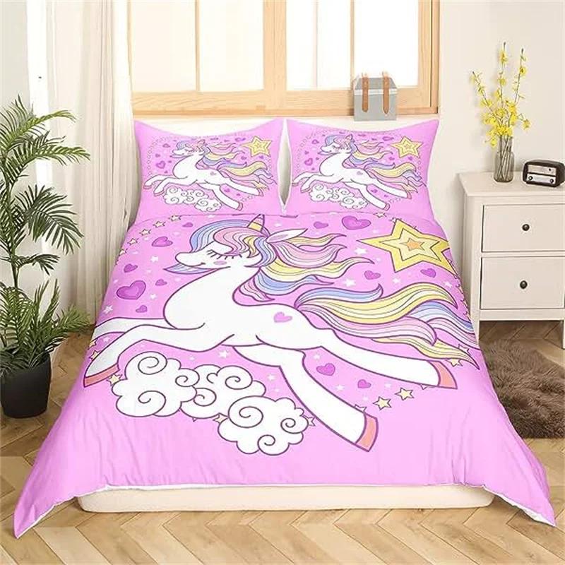 Children Cute Unicorn Duvet Cover Cartoon Bedding Set Rainbow Stripes Animals Children Kids Girls Gifts for Bedroom Decorations