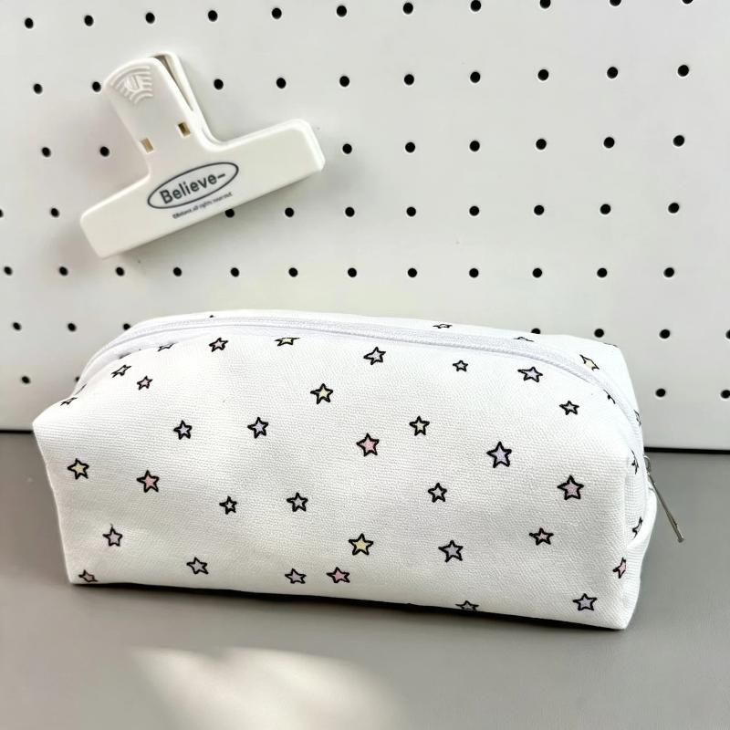 Canvas Pencil Case Polka Dot Bow Cat Star Print Sturdy Zipper Perfect For Students Daily Stationery Storage