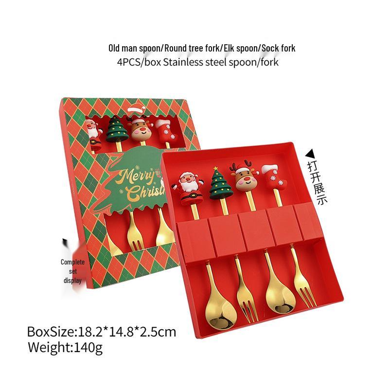 Christmas Cartoon Cutlery Set: Forks, Spoons, and Gift Box Featuring Cute Reindeer and Tree Designs.