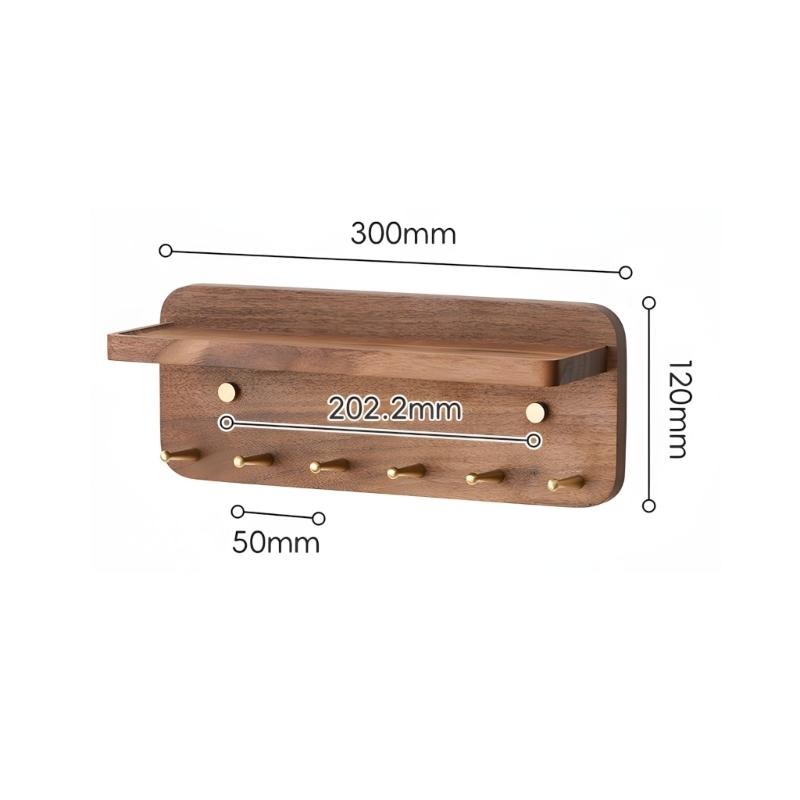 Elegant Brass Key Rack With 6 Metal Rings And Wooden Storage Shelf For Home Use