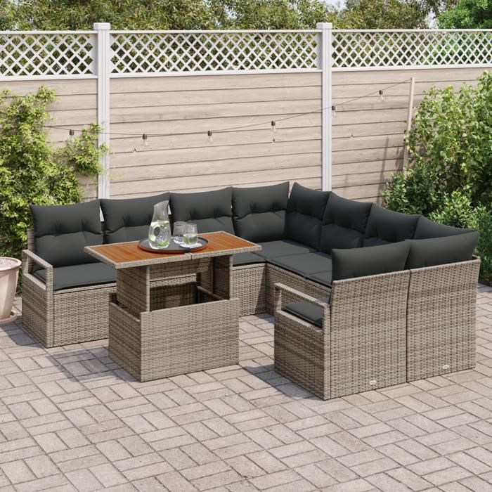 Ensemble de Canapé de Jardin 9 Pièces avec Coussins Gris Poly Rattan Acacia, Canapé de Jardin 2 Places avec Coussins Gris 3349691