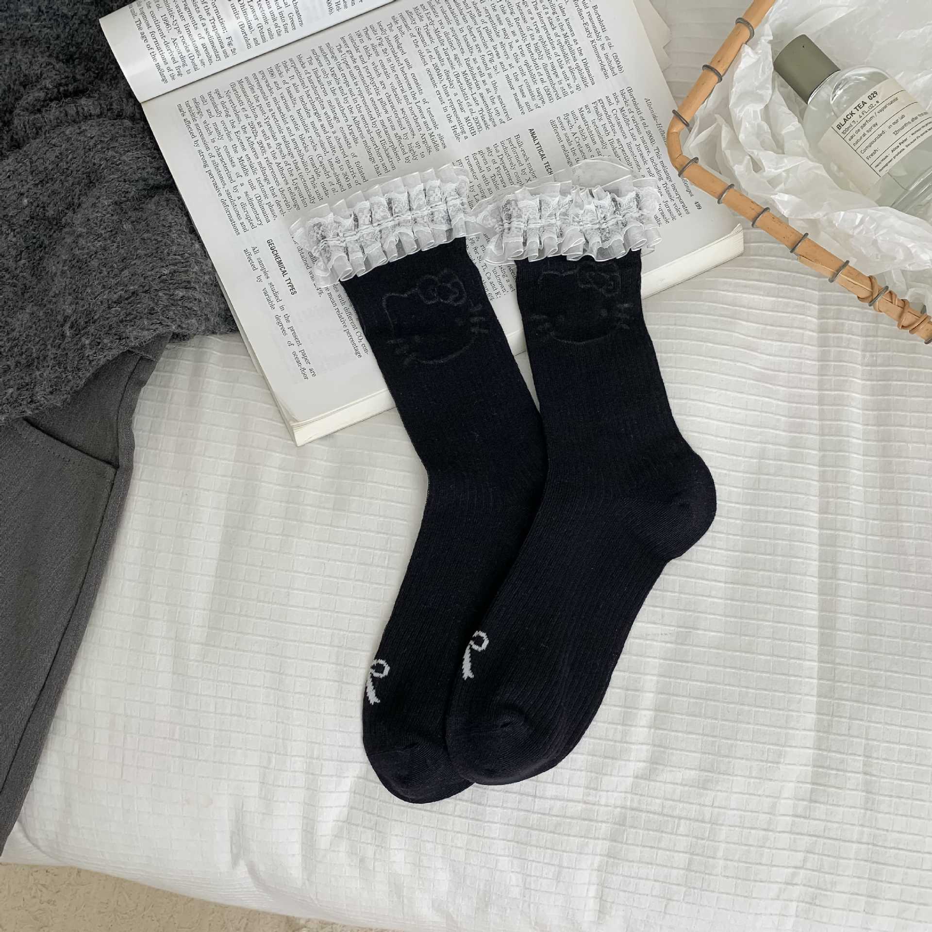 Summer Jacquard Kitten Cartoon Lace Women S Socks Girly Style Sweet Thin Short Socks Cotton One size fits all чёрный