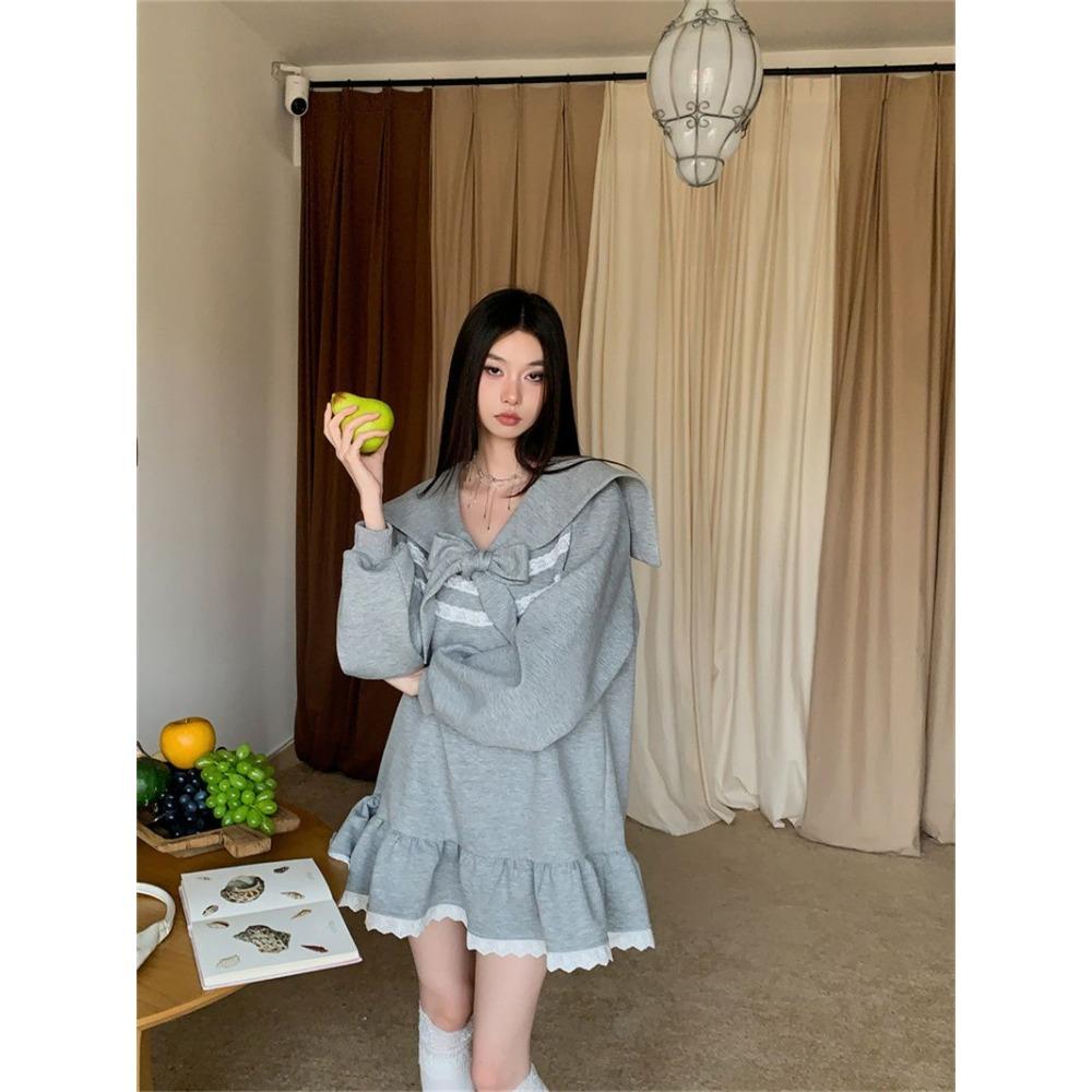Sweet Preppy Style Mini Dress Female Clothing Fashion Lace Spliced Spring Autumn Sailor Collar Bandage Bow Basic Ruffles Dresses