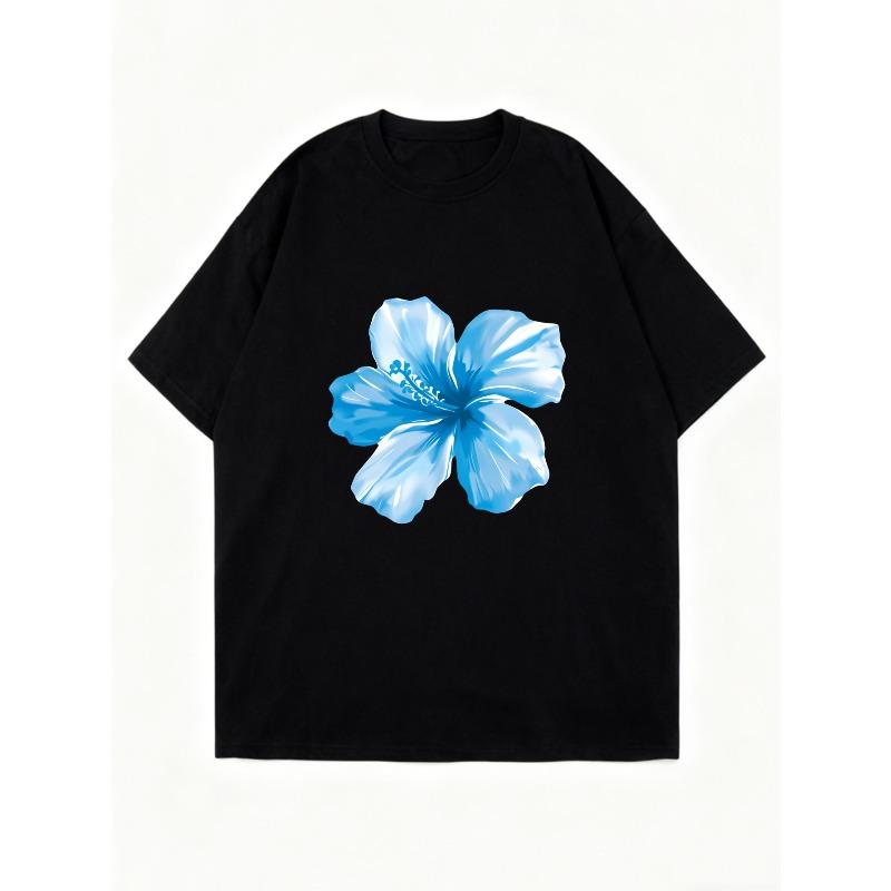Oversized T Shirt Dress Black Blue Hibiscus Flower Print Casual Summer Wear