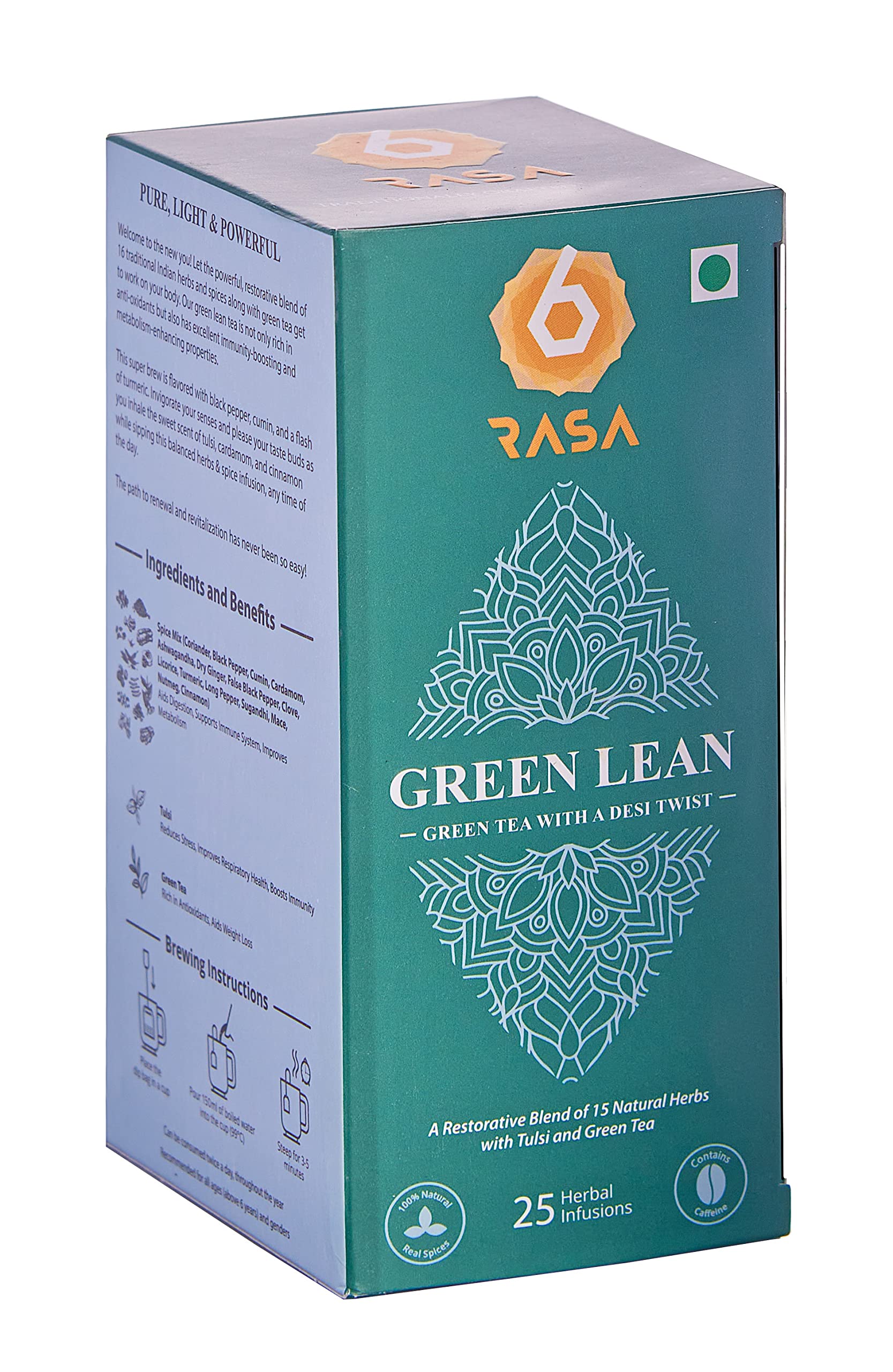 6rasa Green Lean Tea | Green Tea With A Desi Twist | 16 Ayurvedic Spices | For Weight Management | 100% Natural Herbs & Spices |No Added Su
