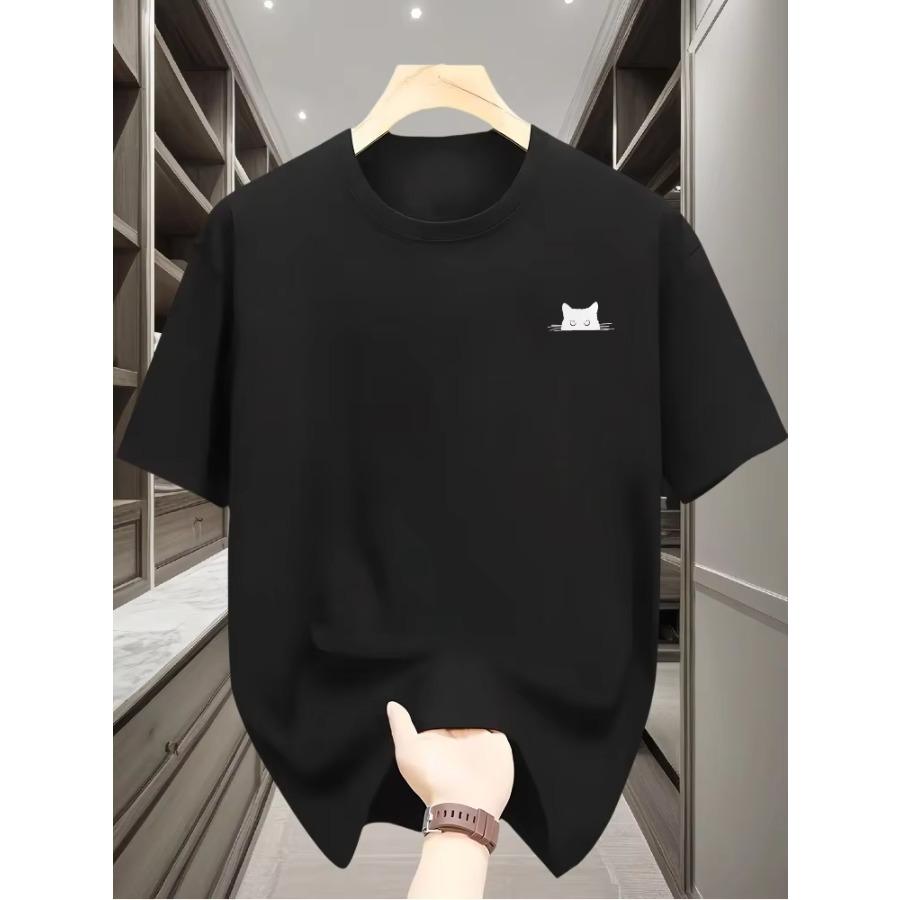 Cotton T-shirt 2026 Summer New Style Men's Pure Cotton T-shirt Street Casual Fashion Comfortable Soft Breathable Simple Cat Pattern Print