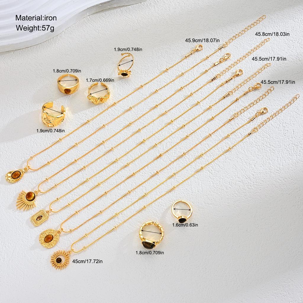 11 Pcs Vintage Brown Opal Jewelry Set for Women Maillard Gold Color Metal Geometric Pendant Necklaces and Rings Y2K Jewelry Gift