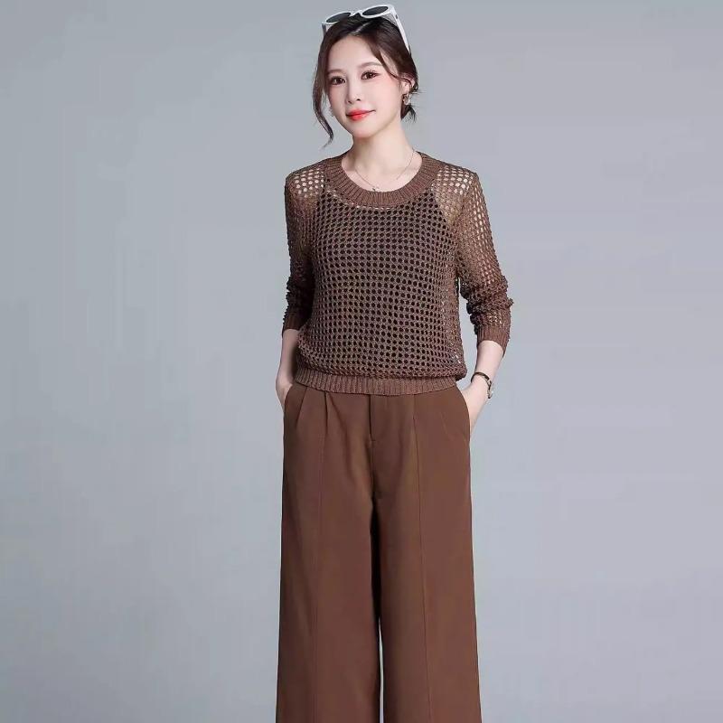 Women s Spring Grey Hollow Out Knit Long Sleeve Round Neck Top M коричневый
