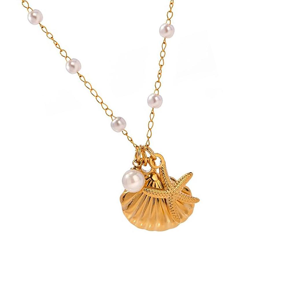 Starfish and Seashell Necklace Stylish Pendant Earrings Gold Sea Theme Jewelry Titanium Steel Texture for Any Occasion