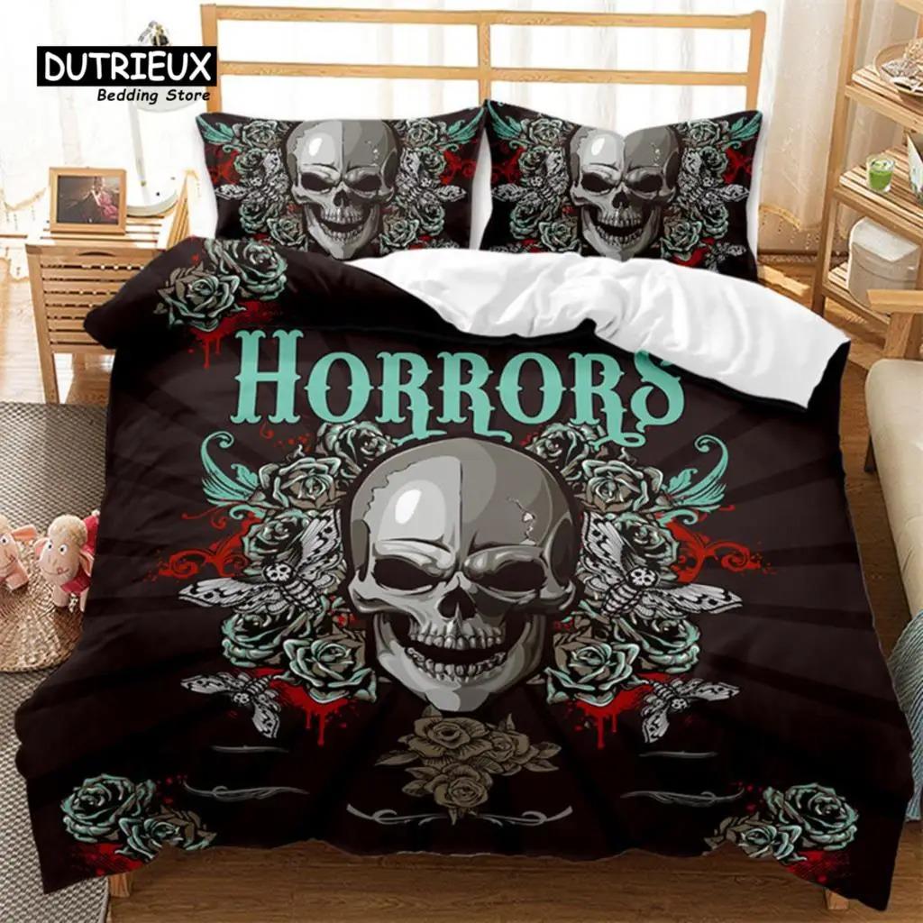 Dark Skull Duvet Cover Microfiber Gothic Skeleton Bedding Set Horror Theme Comforter Cover Queen For Teen Adults Bedroom Decor