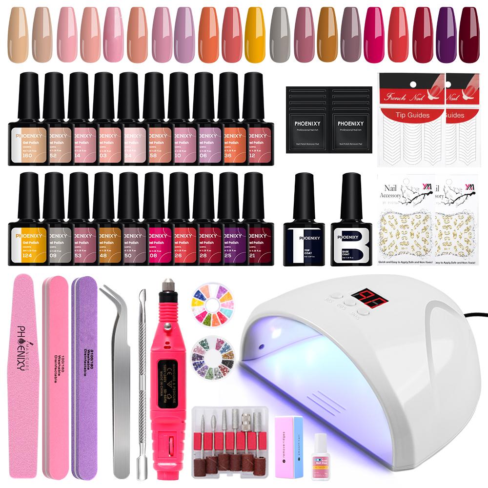 

Набор гелей для ногтей PHOENIXY, 36 Вт, УФ-светодиодная лампа, 20 цветов, набор гель-лаков для маникюра, дизайна ногтей с фрезой, набор инструментов для ногтей