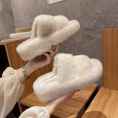 Fashion Korean Double Band Fur Slides Female Warm Fluffy Platform Shoes Thicken Soled Winter Fleeces Slippers Women Shearling Pantufa