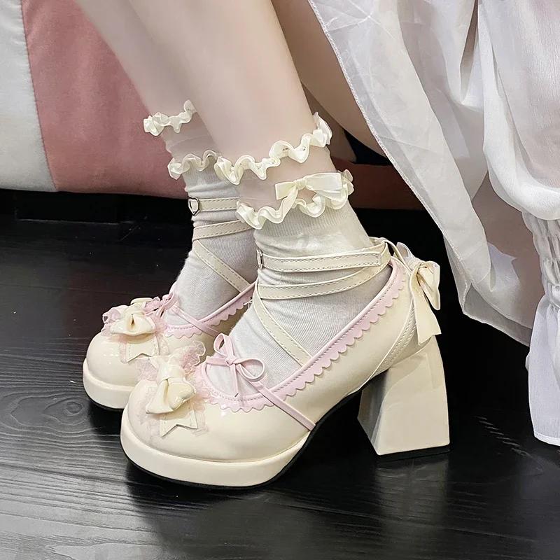 Women Platform Lolita Shoes Bow Mary Janes Shoes Party High Heels Trend Kawaii Leather Shoes Lace Chunky Sandalias De Muje