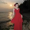 New red V-neck chiffon dress for women's summer lotus leaf edge waist holiday cake dress