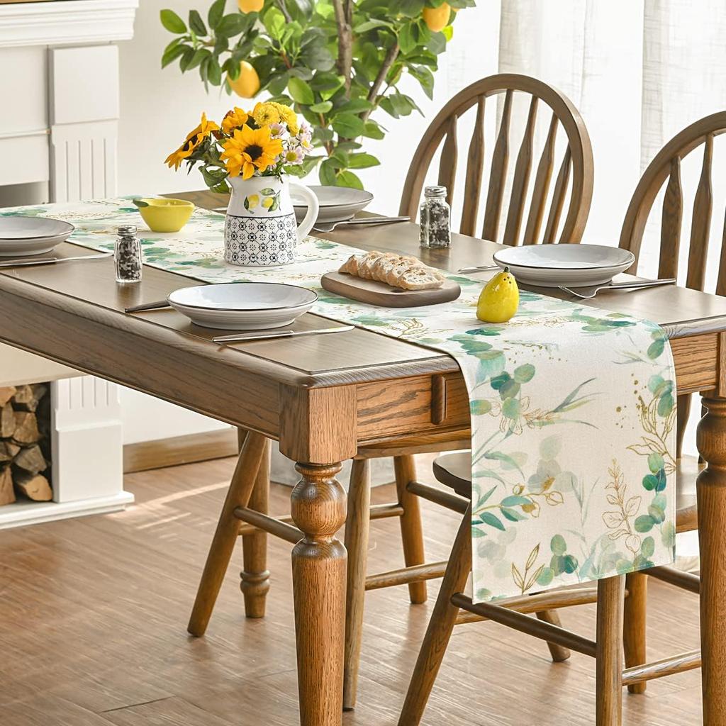 Artoid Mode Beige Greenery Eucalyptus Summer Table Runner, Spring Seasonal Anniversary Holiday Kitchen Dining Table Decoration for Indoor Outdoor