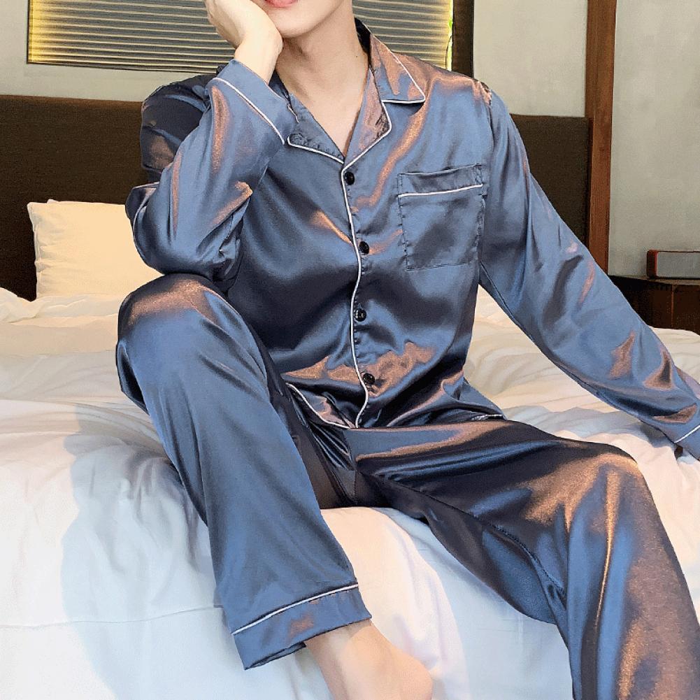 2 stk/sett Herre Sommer Pyjamassett Revers Langermet Skjorte Elastisk Midje Lommer Vide Ben Bukser Sett Ensfarget Enkeltspent Slee
