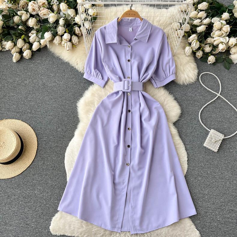 

Летнее винтажное однобортное платье зеленого/синего/красного цвета с отложным воротником, повседневное платье-миди трапециевидной формы с короткими рукавами и высокой талией, новая мода One Size лавандовый