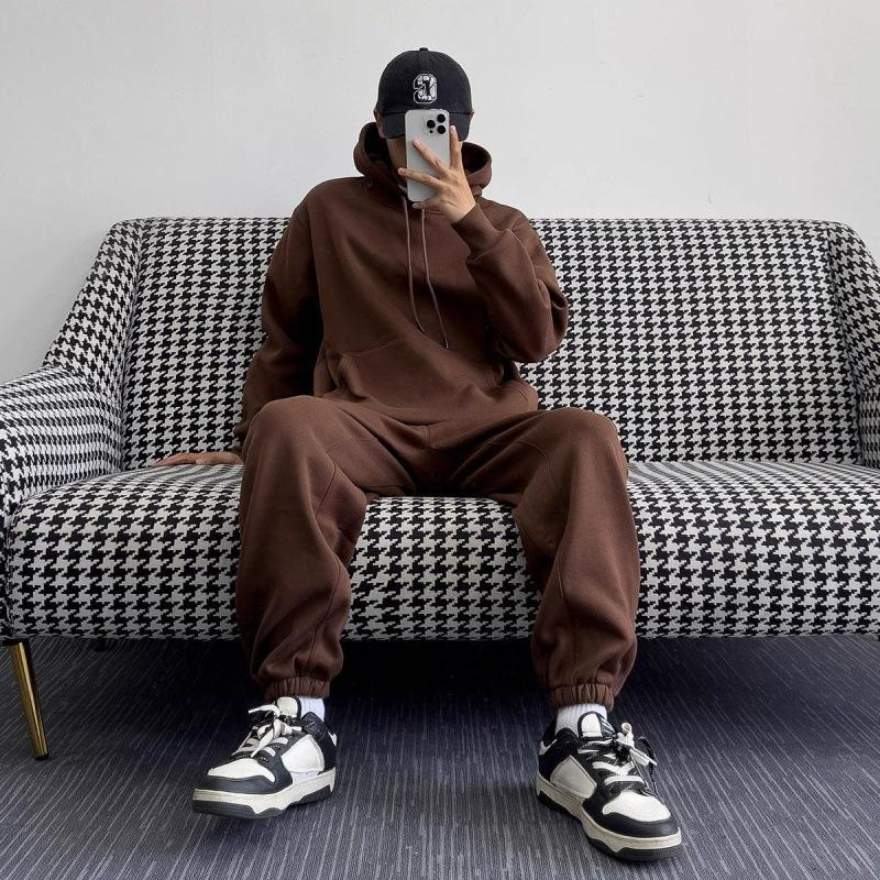 Autumn and Winter Grey Minimalist Streetwear Brand Loose, Fleece and Thickened Sweatshirt Sportswear Set for Men and Women