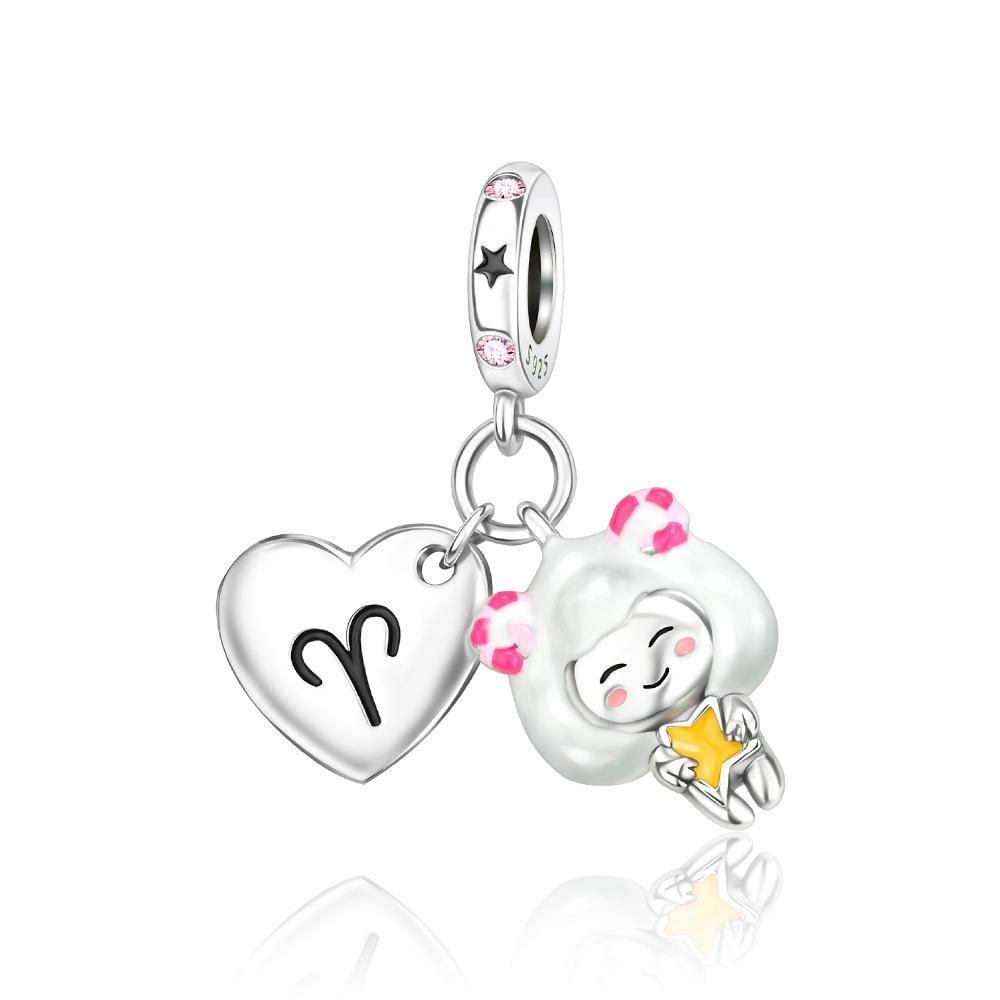 

S925 Silver Zodiac Constellation DIY Charm Pendant Necklace With Heart Charms For All 12 Star Signs