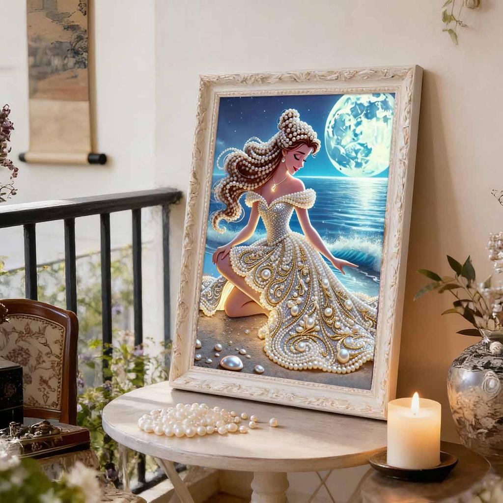 Ocean Princess Series Pearl Effect Frameless Art | Moonlit Sea & Shell Luxury Accents | Atmospheric Wall Art for Modern Home & Gallery